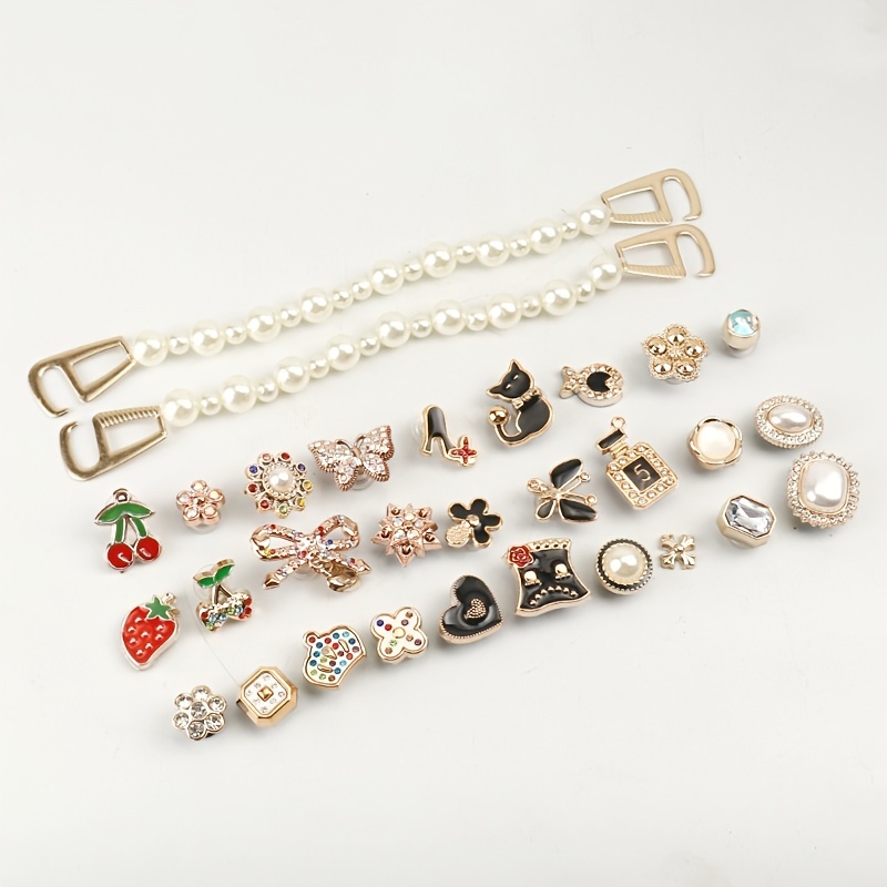 Custom Croc Charms Chain Pearl Jibbitz Collection 14/12 PCS Croc Charms Set  Sparkling DIY Pearl Chain Bow Cave Shoes Accessories 