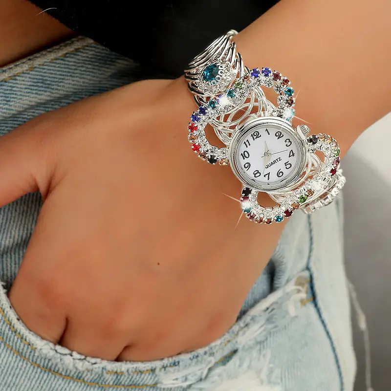 boho round quartz watches colorful rhinestone stretch bangle watch rhinestone color is random details 0