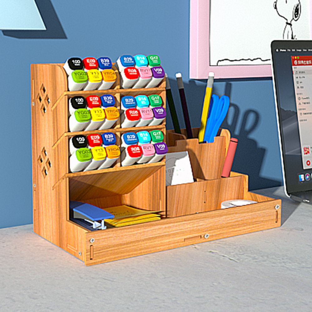 Organizador de bolígrafos de madera actualizado con cajón, soporte para  lápices de bricolaje, escritorio, papelería de oficina, organizador de