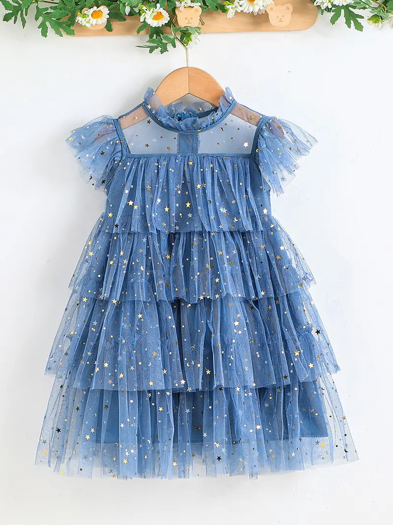 toddler girls sequin stars layered hem mesh princess dress for party kids summer clothes details 0