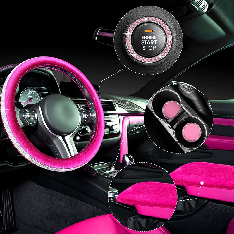 Kit Funda Cubre Volante Accesorio Rosa Auto Mujer Brillos