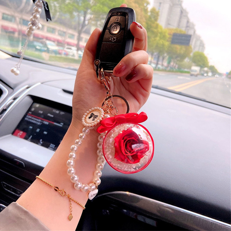 Valentine's Day Bow Real Rose Eternal Flower Pearl Chain Key Chain Creative  Rose Car Key Chain Bag Pendant Gift - Temu