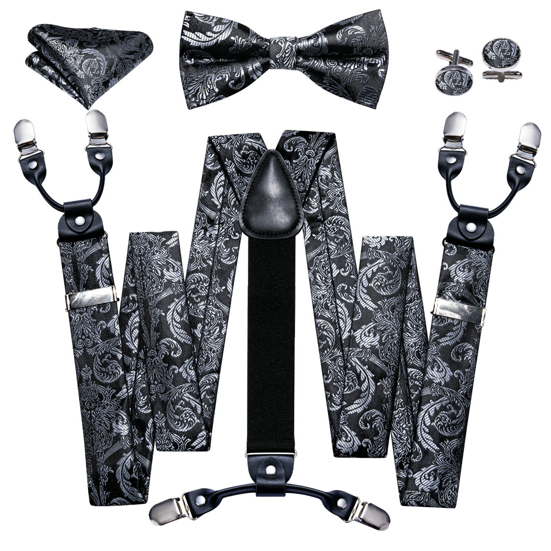 Barry.wang Red Black Paisley Bow Tie Y Back Adjustable Suspenders Set for  Men