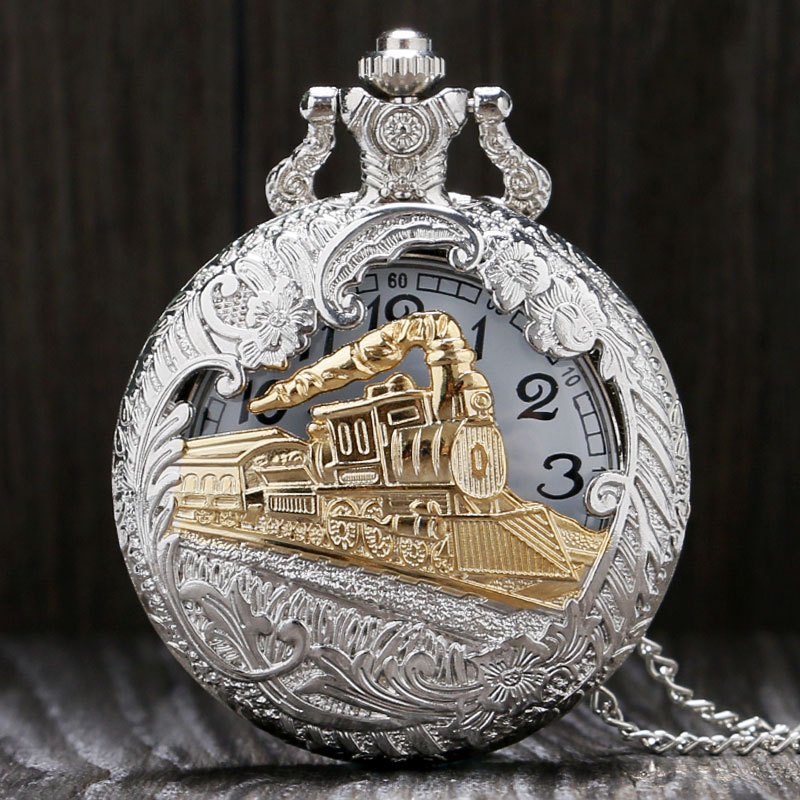 silver color train locomotive engine pattern hollow cover design pocket watch necklace pendant chain unisex gifts details 0