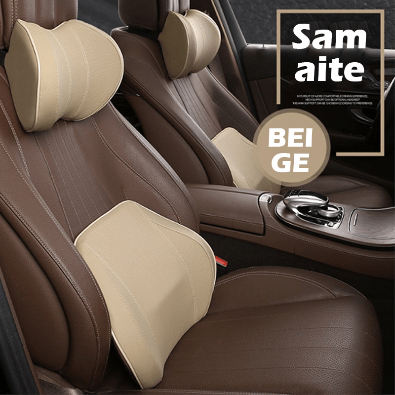 Brown Car Headrest Pillow Set Leather Seat Supports Back Cushion