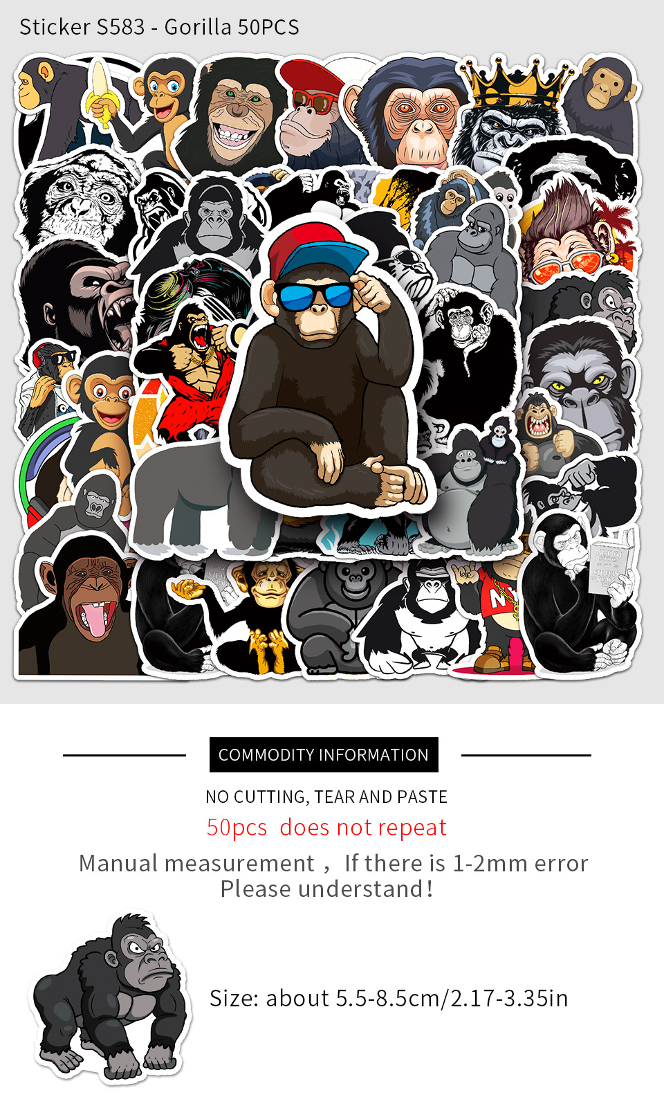 50pcs Decorative Stickers Monkey Animal Cartoon Series Phone Case Graffiti  Sticker Laptop Helmet Skateboard Waterproof Decoration DIY Creative Sticker