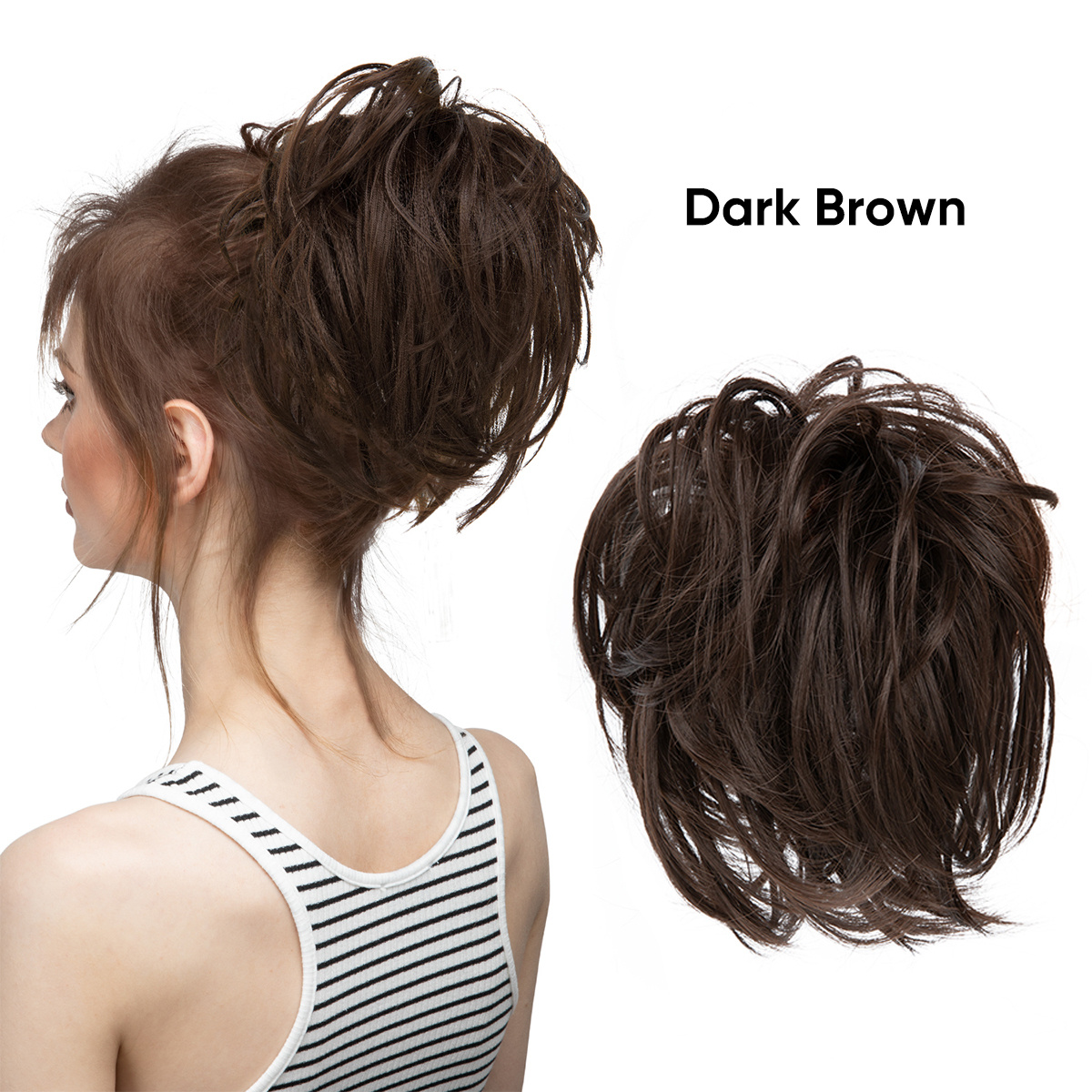 2PCS Messy Bun Hair Piece Brown Hair Bun Extension, Women Ponytail  Extension Wavy Hair Wig Synthetic