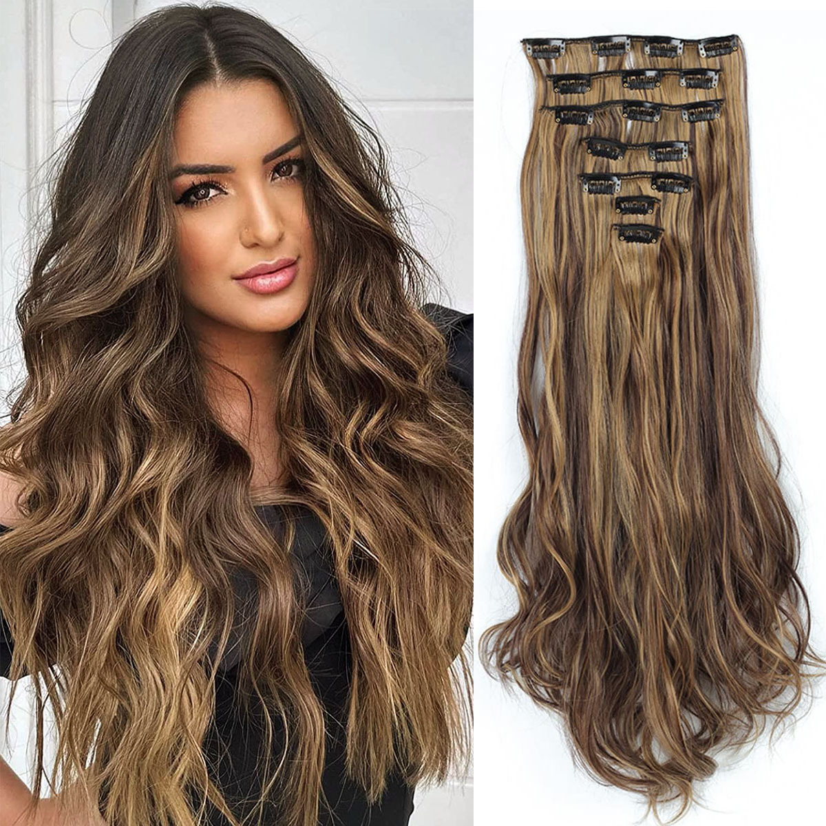 7pcs/set Long Body Wave Hair Extension Curly Full Head Clips in Synthetic Hair Extensions, Human Hair Extensions for Women,Temu