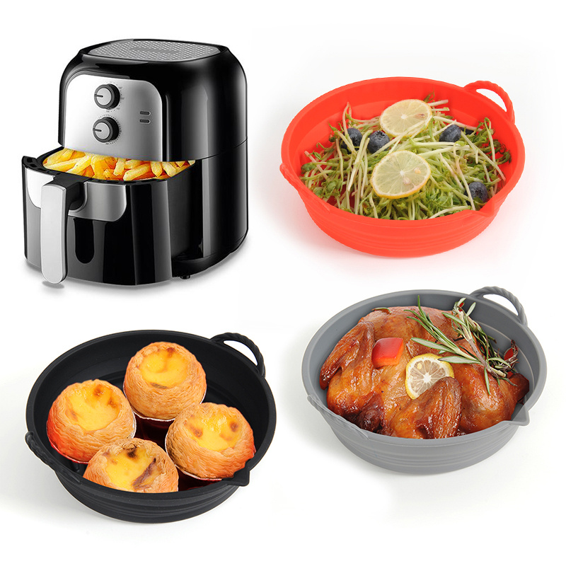 2Pcs Air Fryer Silicone Pot with Handle Reusable Air Fryer Liner Heat  Resistant Air Fryer Silicone Pot 7.5inch Round Liners Tray Vegetables  Chicken Beef Baskets for 3 to 5 Qt Air Fryer