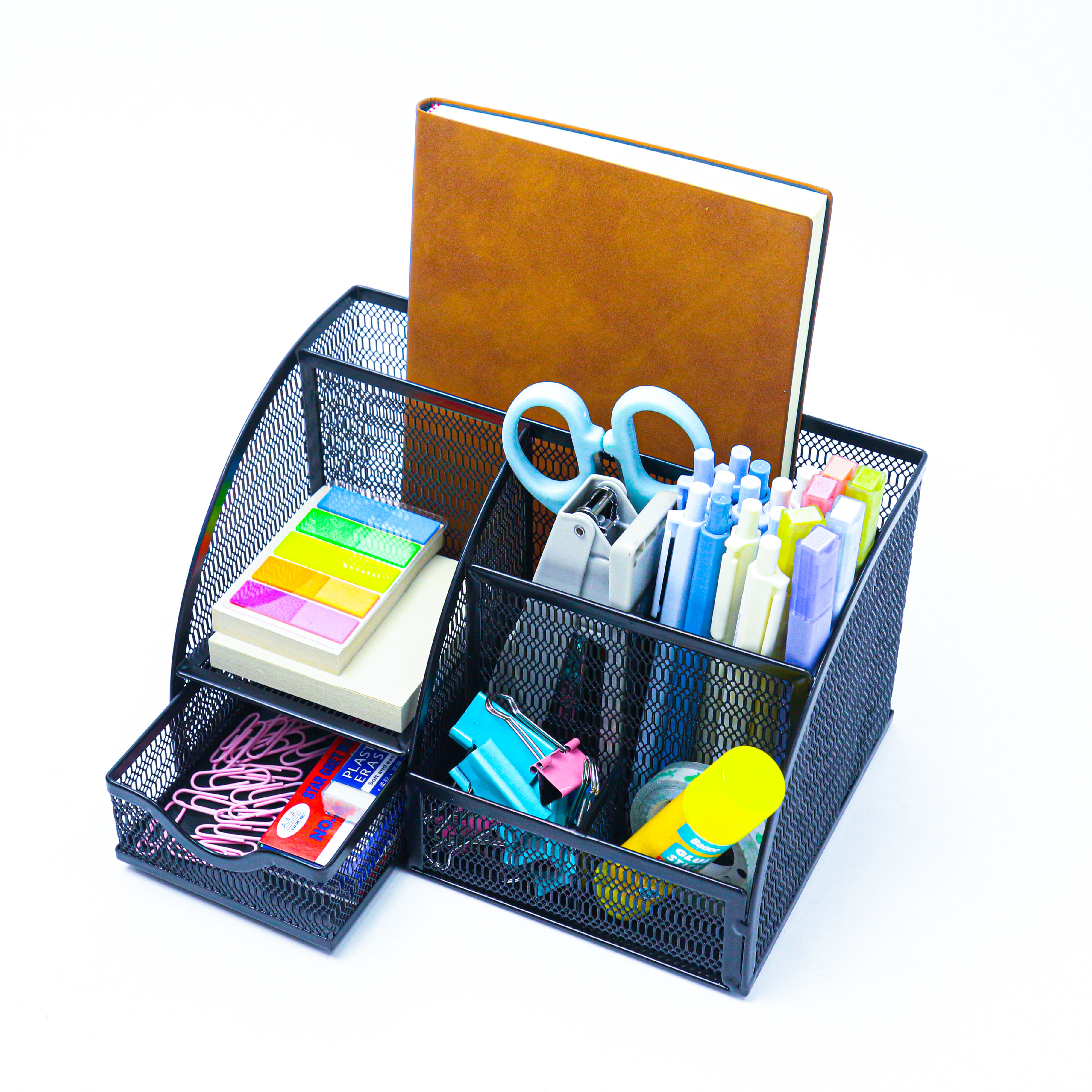 Image of Mesh Desk Organizer Caddy And Accessories Holder With 1 Storage Drawer + 7 Compartments, Pen Organizer W/sticky Note Tray, Desk Essential To Collect Desk Supplies For Office School Home Dorm Room