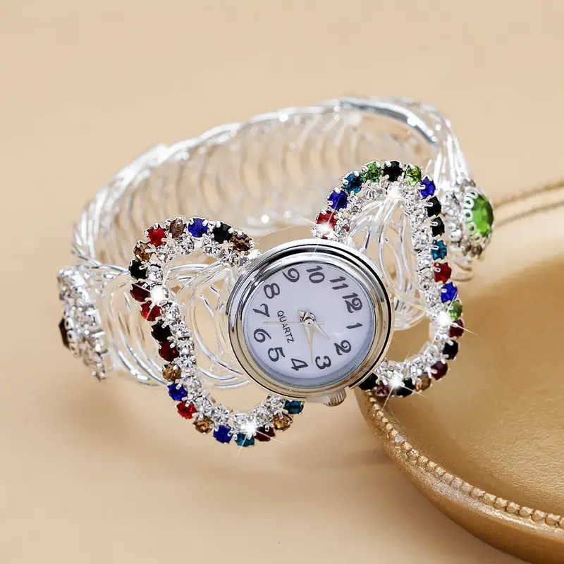 boho round quartz watches colorful rhinestone stretch bangle watch rhinestone color is random details 1