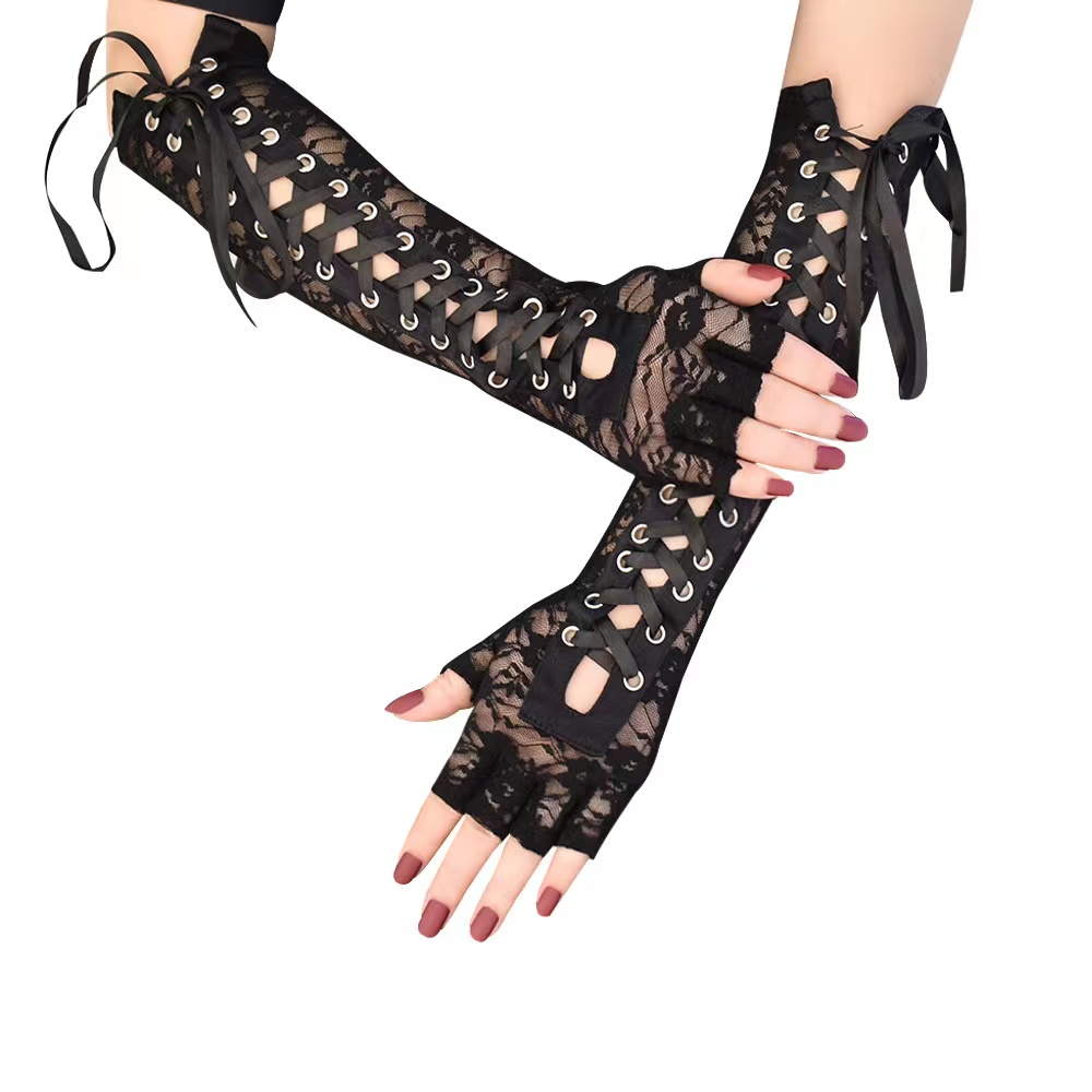 Women Black Lace Long Gloves Bandage Half-finger Arm Elbow Length