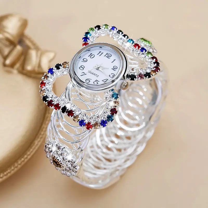 boho round quartz watches colorful rhinestone stretch bangle watch rhinestone color is random details 2