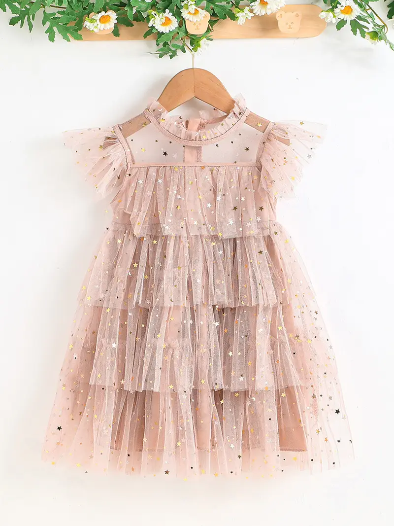 toddler girls sequin stars layered hem mesh princess dress for party kids summer clothes details 1