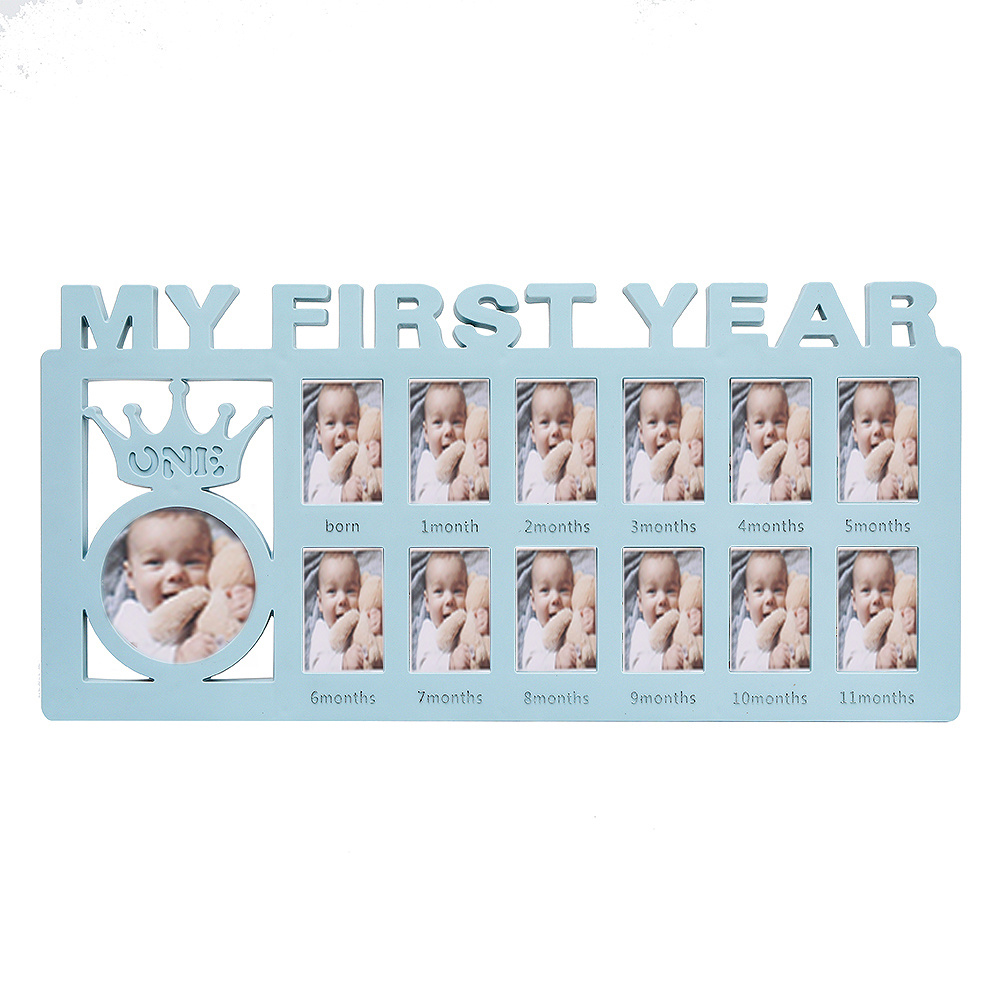 Cornice portafoto personalizzata per neonato 1 anno 1-12 mesi cornice  finitura naturale e inserto verde acqua -  Italia