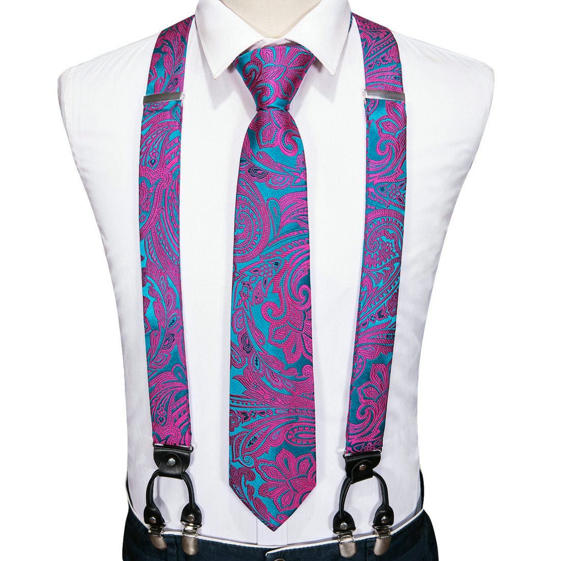 Black Golden Floral Y Back Adjustable Suspenders Tie Set