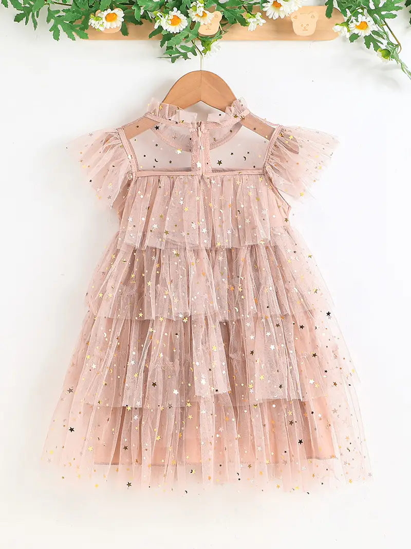 toddler girls sequin stars layered hem mesh princess dress for party kids summer clothes details 2