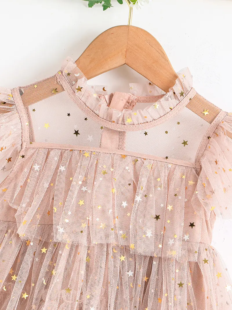 toddler girls sequin stars layered hem mesh princess dress for party kids summer clothes details 3