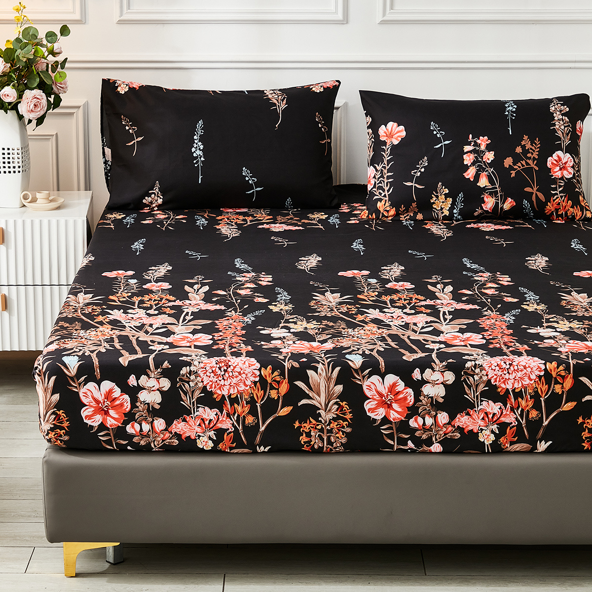 3pcs fitted sheet set flower printed soft comfortable bedding set for bedroom   1 fitted sheet 2 pillowcases without core details 2