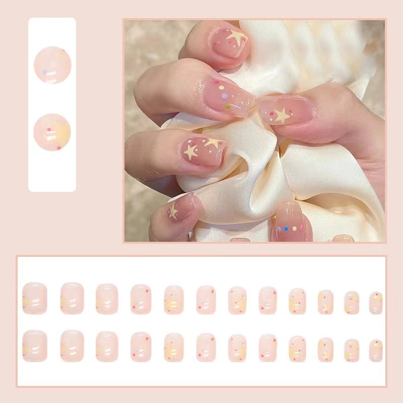 Press On Nails Short Square Pink French False Nails With Yellow Star ...