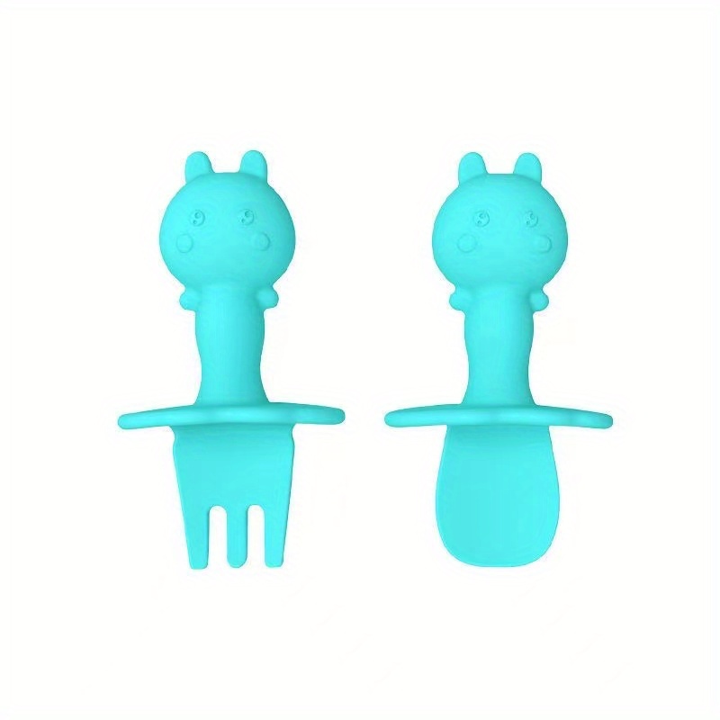 Baby Fork and Spoon Set, Eco-Friendly Silicone Rabbit Toddler Feeding Utensils