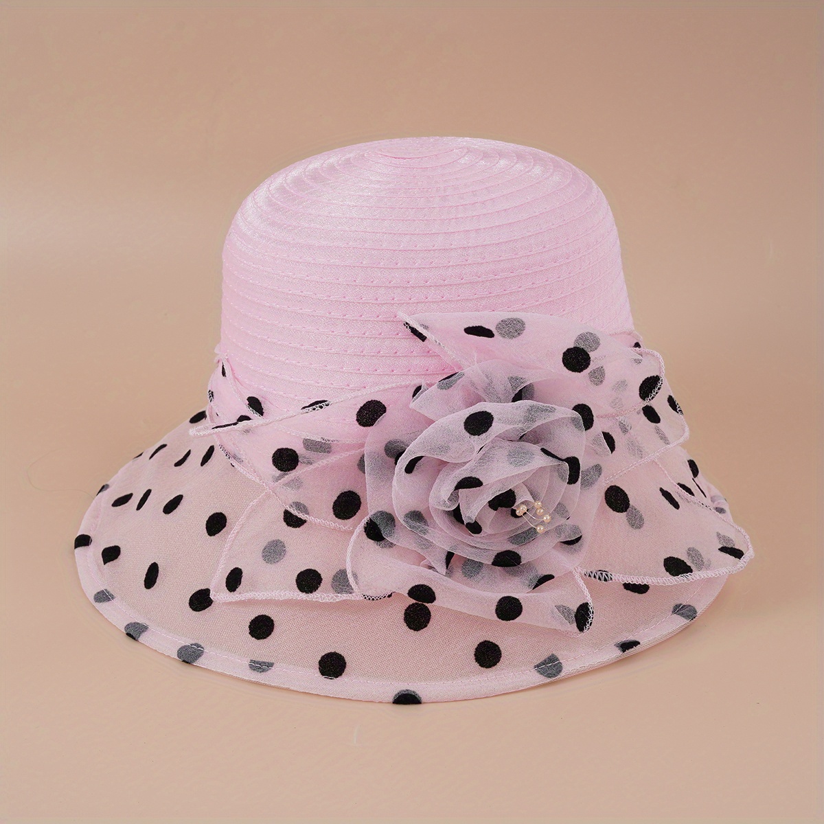 Polka Dot Organza Bucket Hat Wide Brim Elegant Lace Derby Hat Women Mesh Breathable Sun Hat Flower Church Hat Travel Beach Hats,Bowler Hat