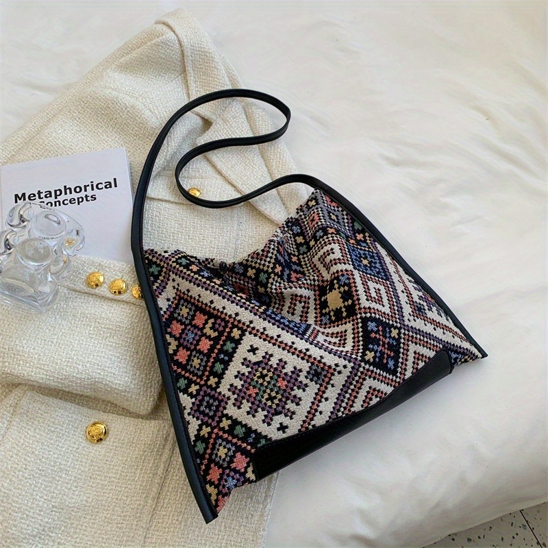 Geometric Pattern Crossbody Bag, Ethnic Style Canvas Hobo Bag