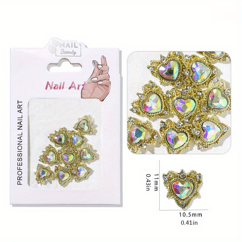 WEILUSI 30pcs Luxury Gold Nail Charms 3D Heart Nail Art Rhinestones Metal Alloy Nail Jewelry Crystal Gem Heart Drops Nail Charms for Acrylic Nails
