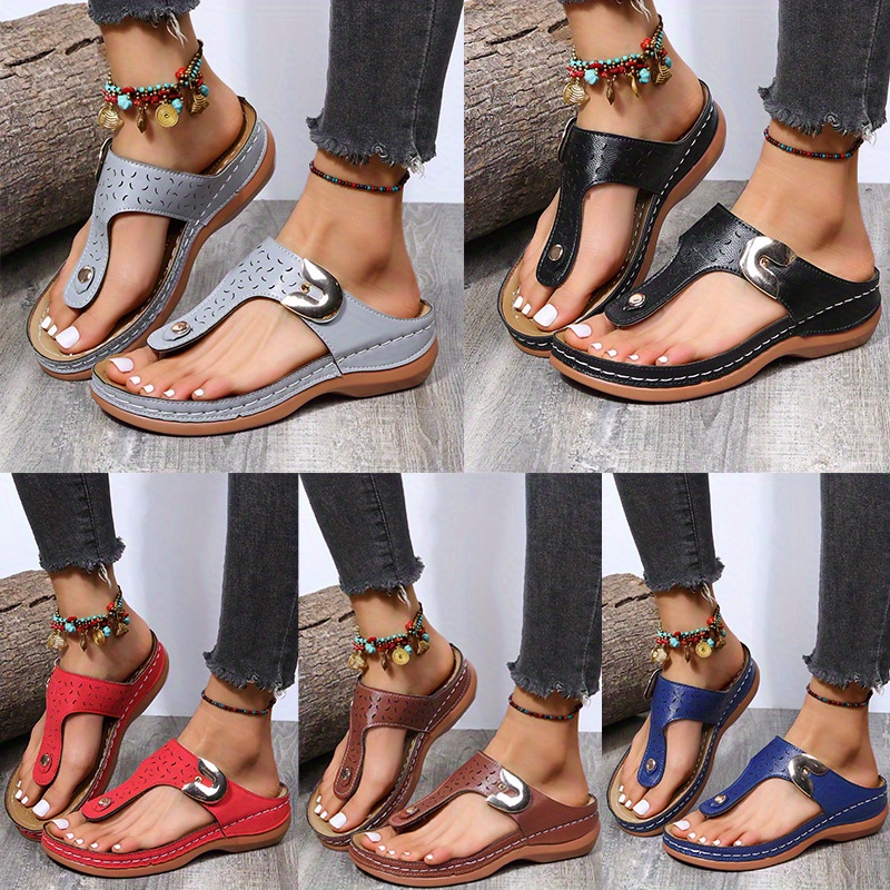 womens red t strap sandals with metal   casual slip on comfortable   heel wide strap design   beach and travel travel sandals casual footwear polyurethane upper sandals for women details 0