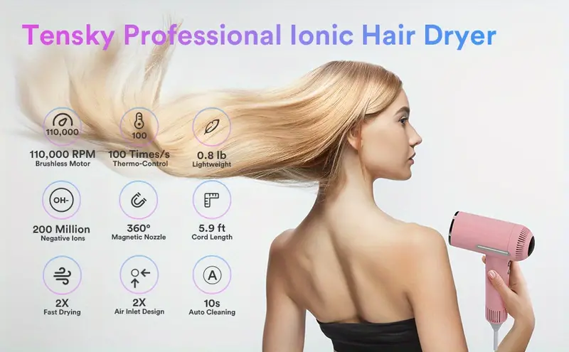 ionic hair dryer tensky blow dryer with magnetic nozzle professional hair dryers for fast drying travel hair dryer with 110 000 rpm brushless motor lcd intelligent display details 1