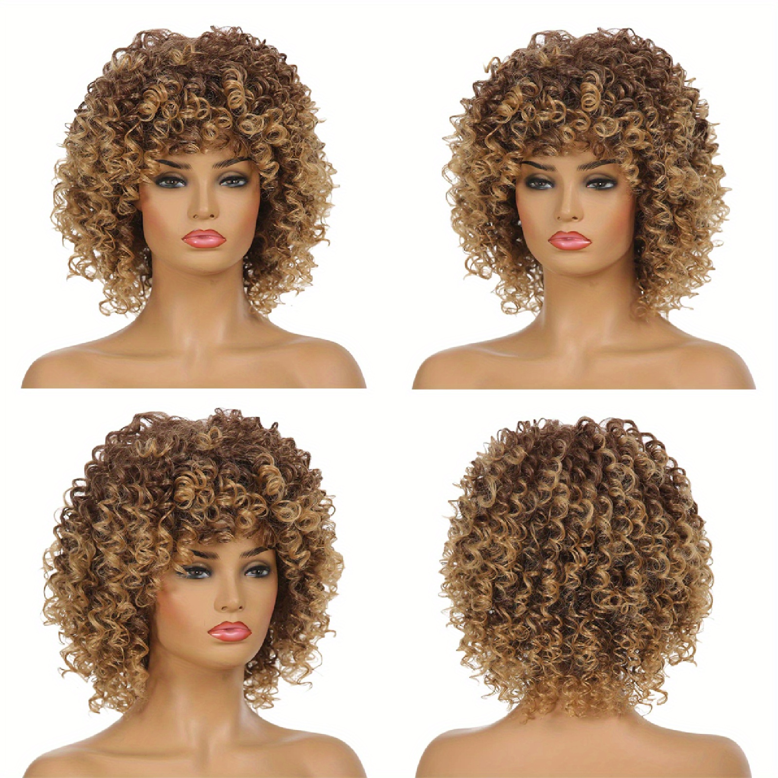 Short Curly Wig For Women, Gradient Blonde With Bangs, Full Headpiece For African Women