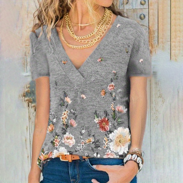 Floral Print V Neck T shirt Casual Short Sleeve T shirt - Temu