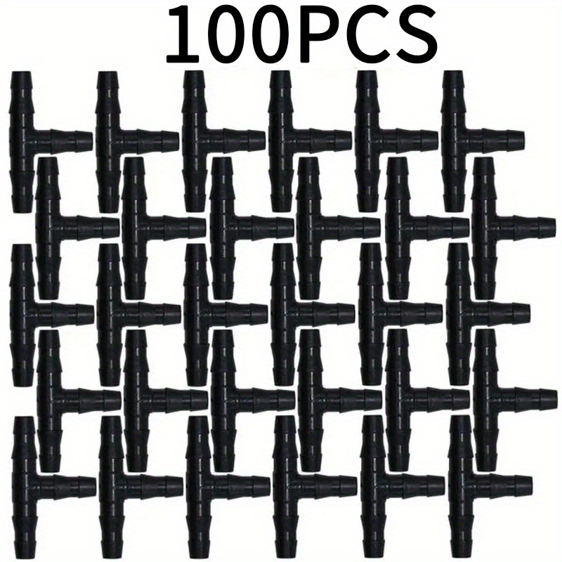 50pcs/100pcs Plastic Watering Nozzle, Black Garden Hose Nozzle For Garden, Irrigation Connector, Plastic Drip Sprinkler Irrigation Barbed Hydroponic Tee Connector