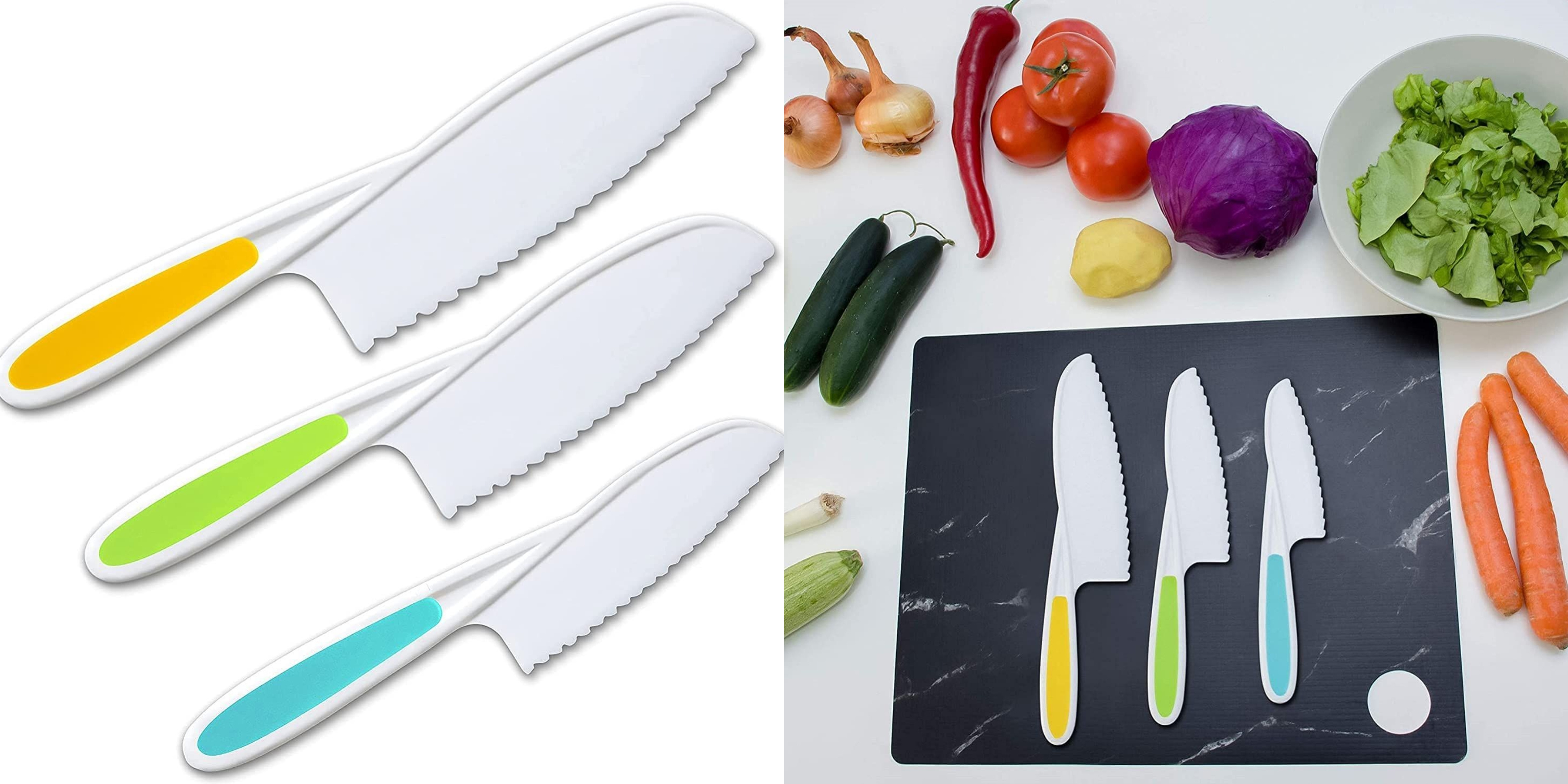  FACATH Juego de cuchillos para niños de 3 piezas para cocinar,  con tabla de cortar y cuchillos seguros de lechuga y ensalada, utensilios  de cocina para niños en 3 tamaños y