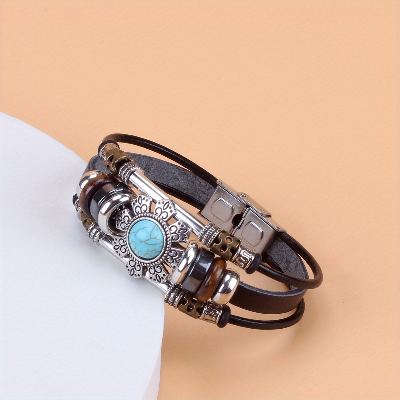 Image of Vintage Green Turquoise Beaded Real Pu Leather Stainless Steel Bracelet For Men And Women