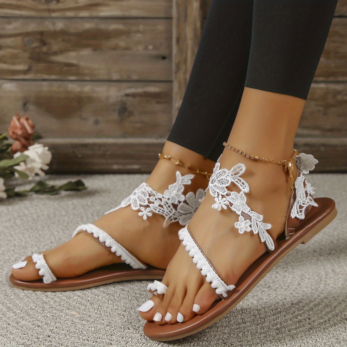 Women's Boho Flat Sandals Fashion Flower Lace Toe Loop Slip - Temu