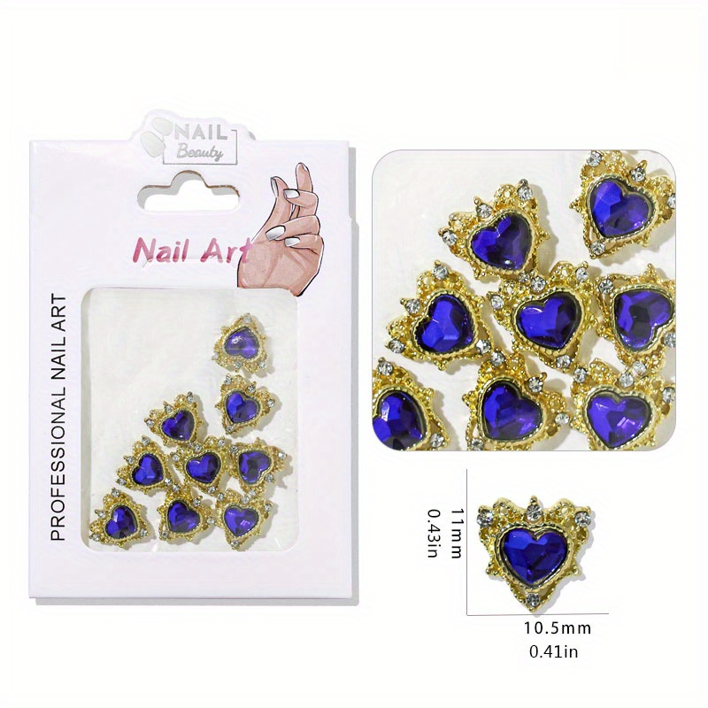 24pcs Luxury Nail Charms Heart Charms for Nails, qiipii 12 Pair 3D Alloy Gold Nail Art Rhinestones Nail Gems Golden Nail Crystal Diamonds Jewelry