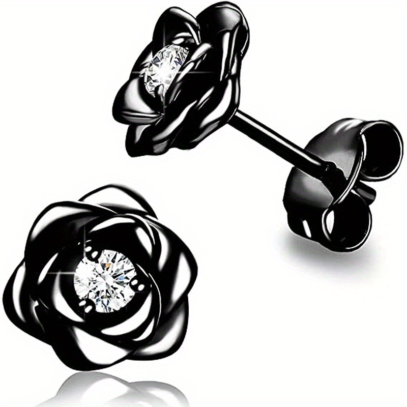 flower shape stud earrings inlaid shiny zircon for women daily delicate design jewelry black 9