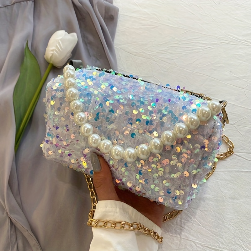 Sequined Chain Crossbody Bag Faux Pearl Strap Prom Purse - Temu