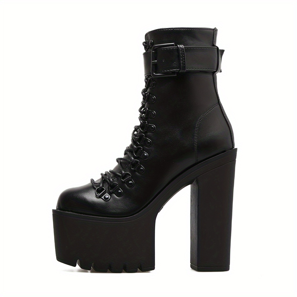 Women's Platform Chunky High Heel Ankle Boots Black Buckle - Temu