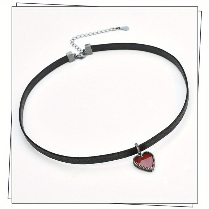 1pc Black Leather Heart Onyx Necklace Tassel Decorative Paste Choker ...
