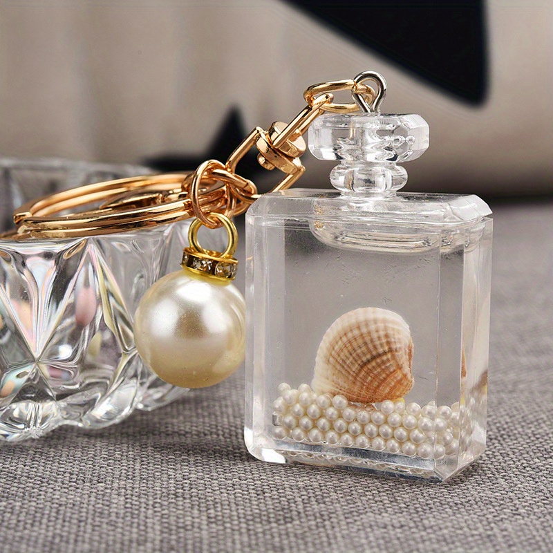 New Fashion Pearl Keyring Accessories Cute Perfume Bottle Float Shell  Acrylic Keychain Women Couple Bag Key Chains Ornament