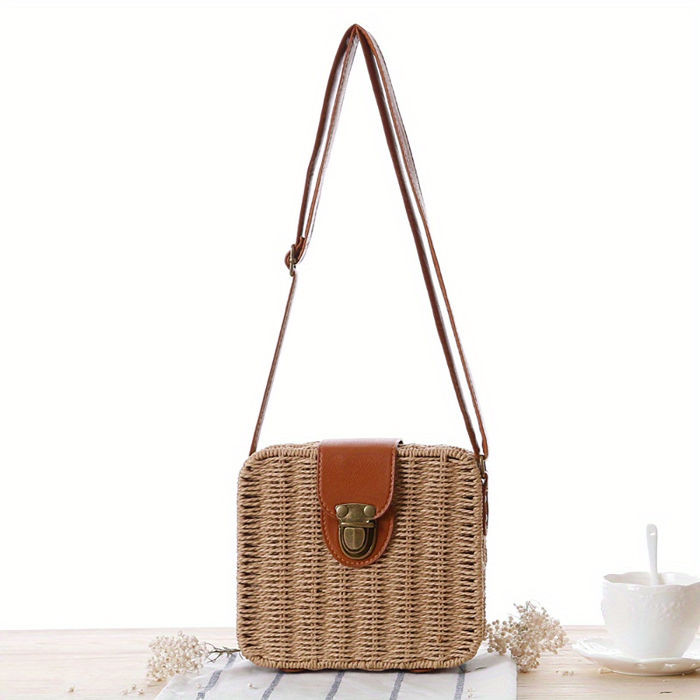 Miniature wicker rattan summer straw hand bag with leather