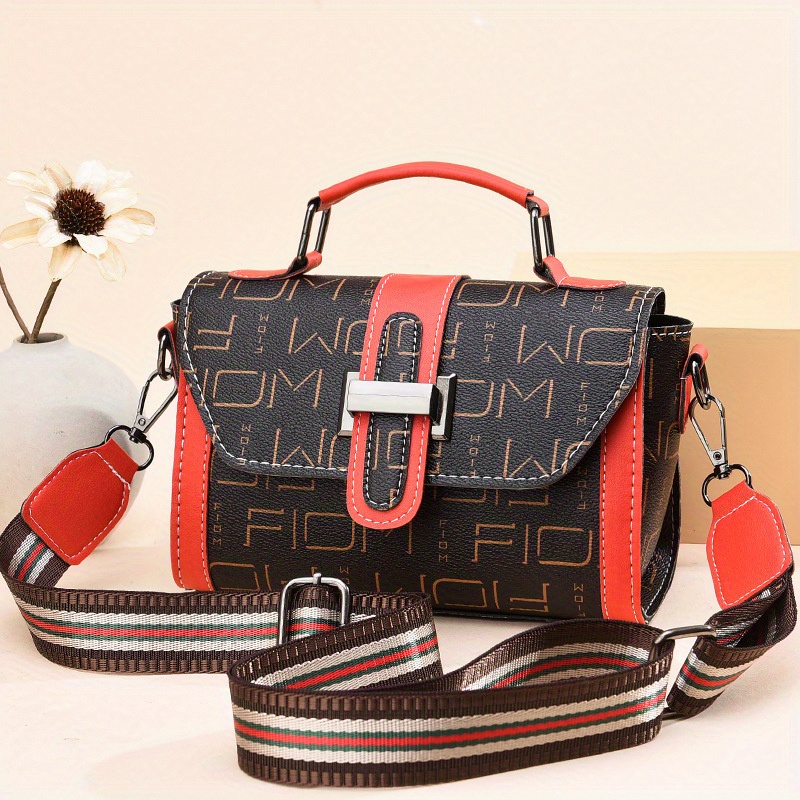 Letter Print Square Handbag, Faux Leather Flap Purse, Women's Buckle Decor  Crossbody Bag - Temu