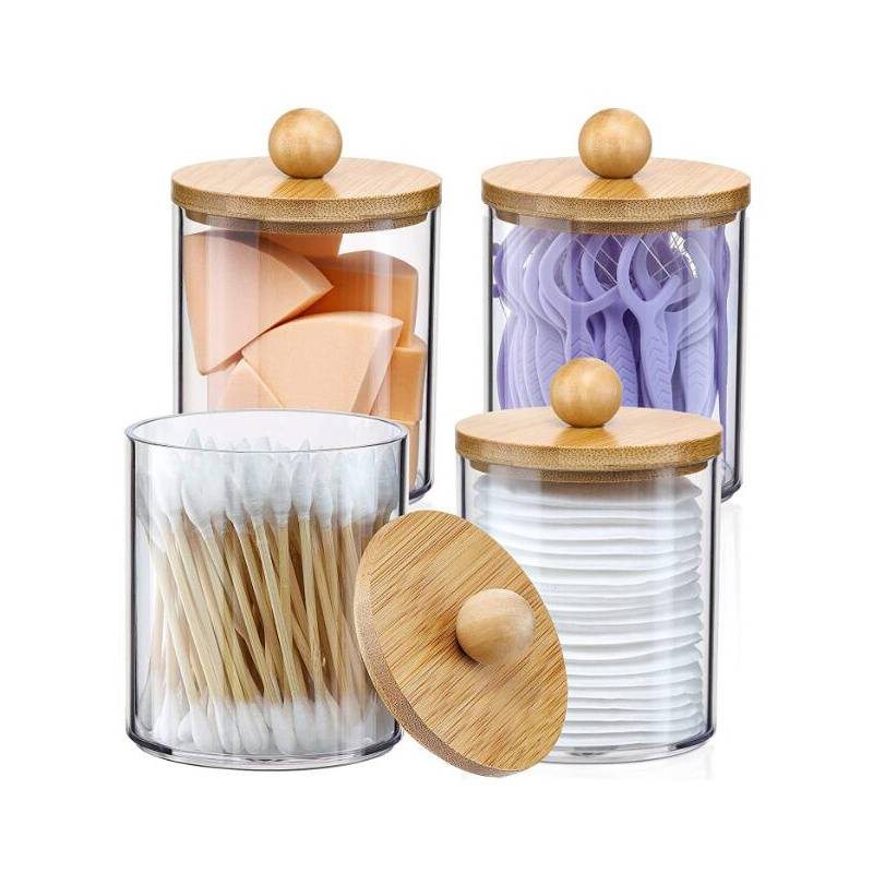 Image of 4pcs Qtip Holder Dispenser With Lid 10oz Clear Plastic Apothecary Jar Containers For Vanity Makeup Organizer Storage Bathroom Accessories Set For Swab, Ball, Pads, Floss