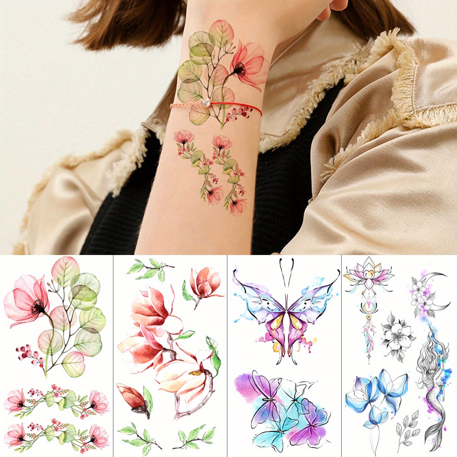 Flowers Temporary Tattoos Stickers Roses Butterflies And Temu 3851