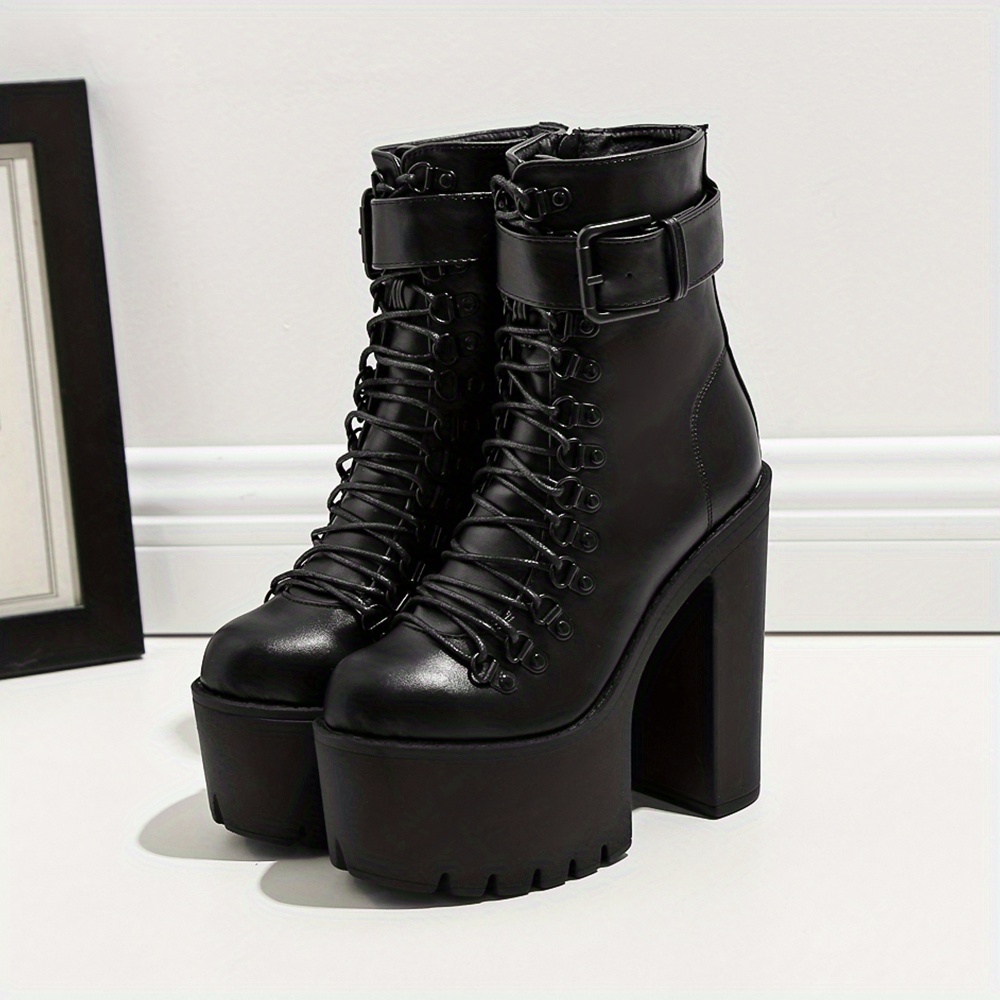 Women's Platform Chunky High Heel Ankle Boots Black Buckle - Temu