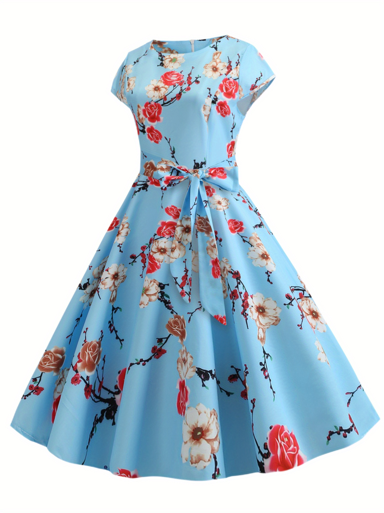 Printed Tie-Waist Long Flounce Sleeve Dress