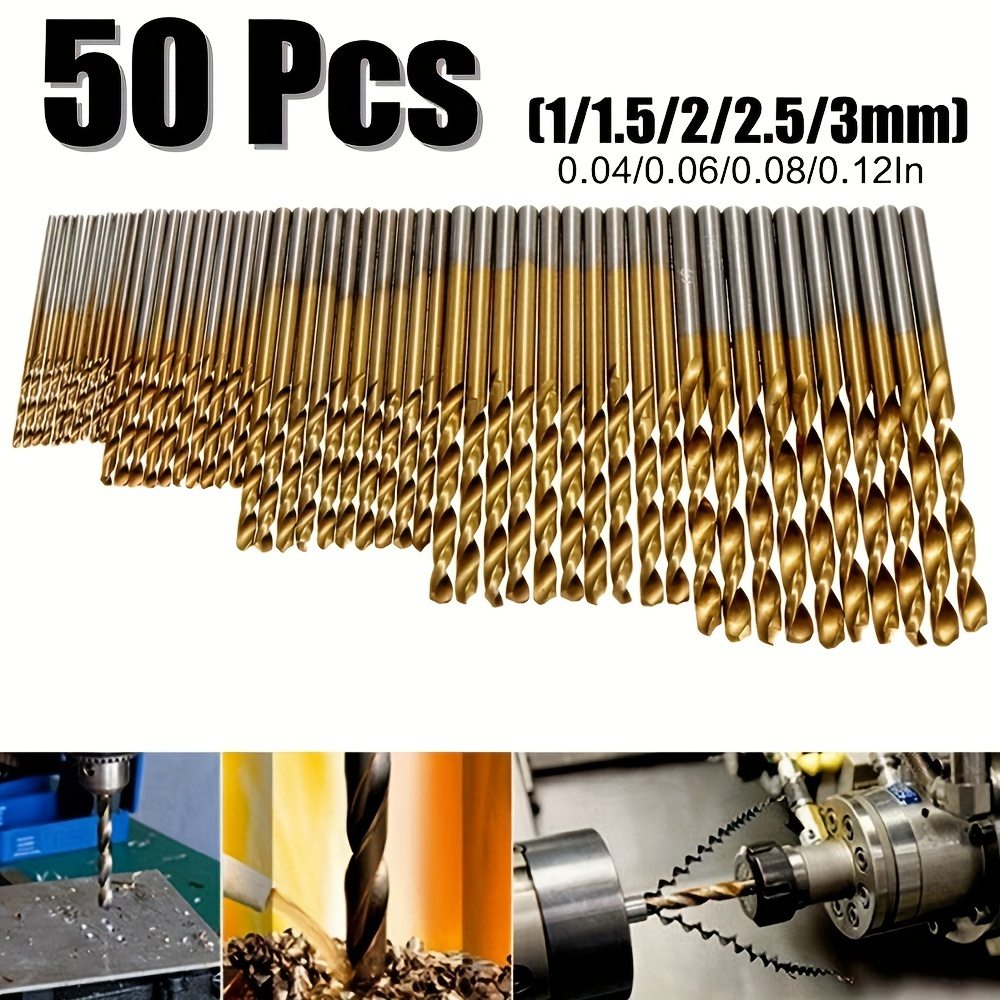 

50pcs Titanium-coated Twist Drill Bit Set, 1mm/1.5mm/2mm/2.5mm/3mm, 10pcs Each Size, Plastic Packing