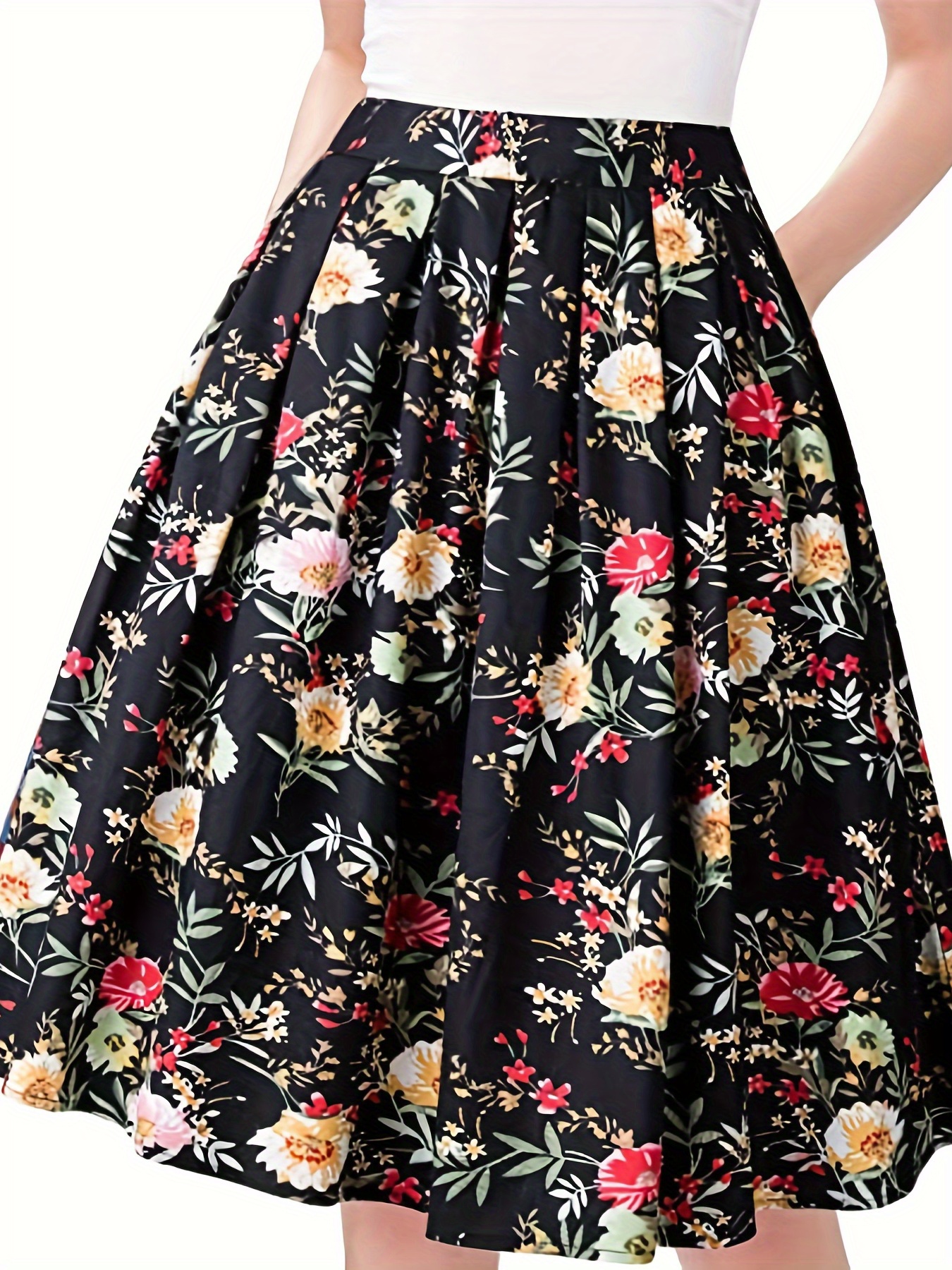 Retro Floral Print Skirts Vacation Pleated A Line Zip Up Skirts With Pockets Womens Clothing 4490